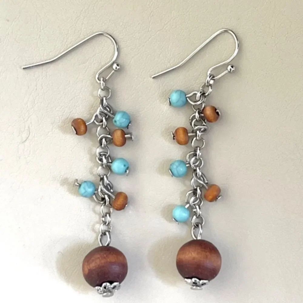 Wood and turquoise beaded chain earrings